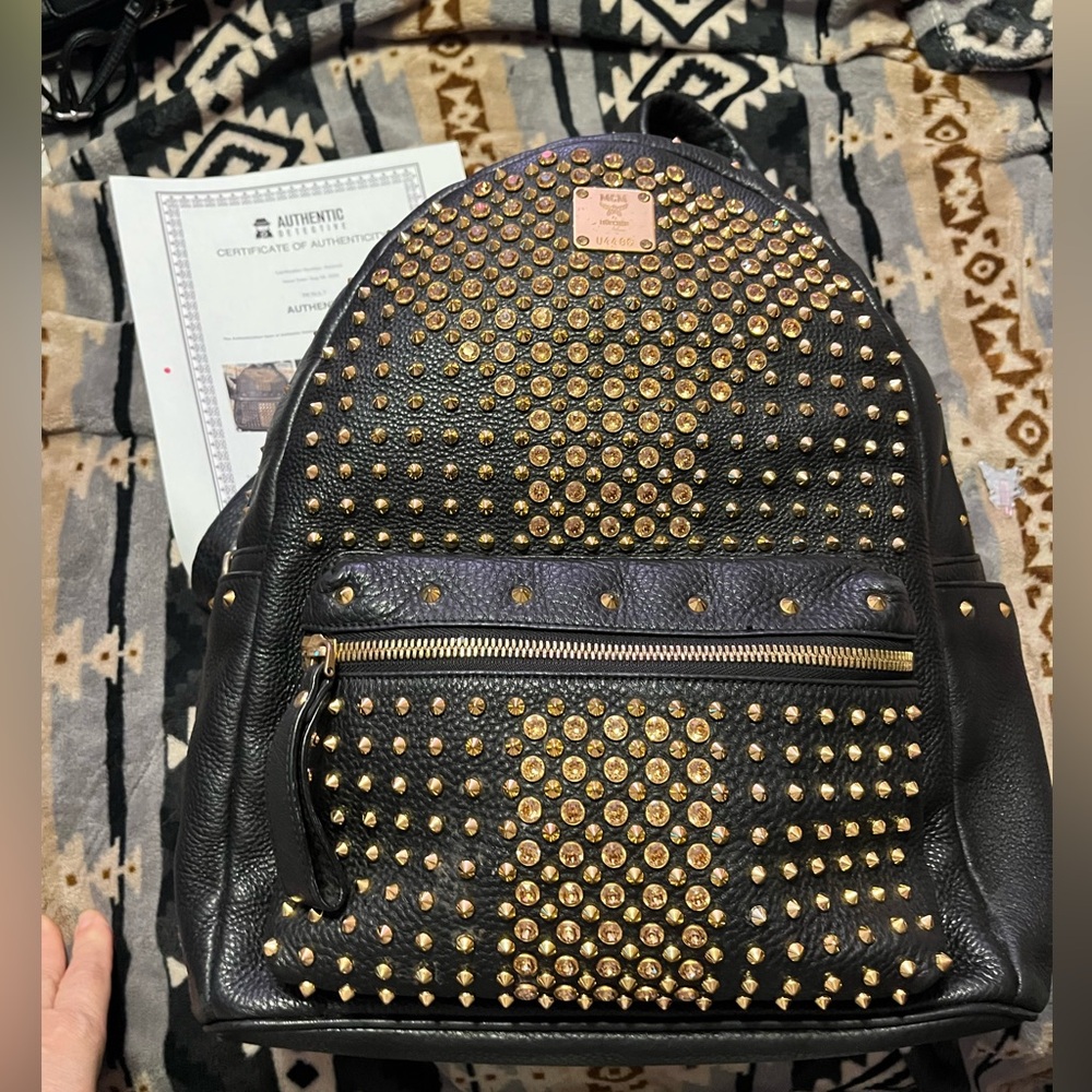 MCM EUC Black XL Leather Swarovski Studded Vintage Backpack COA*